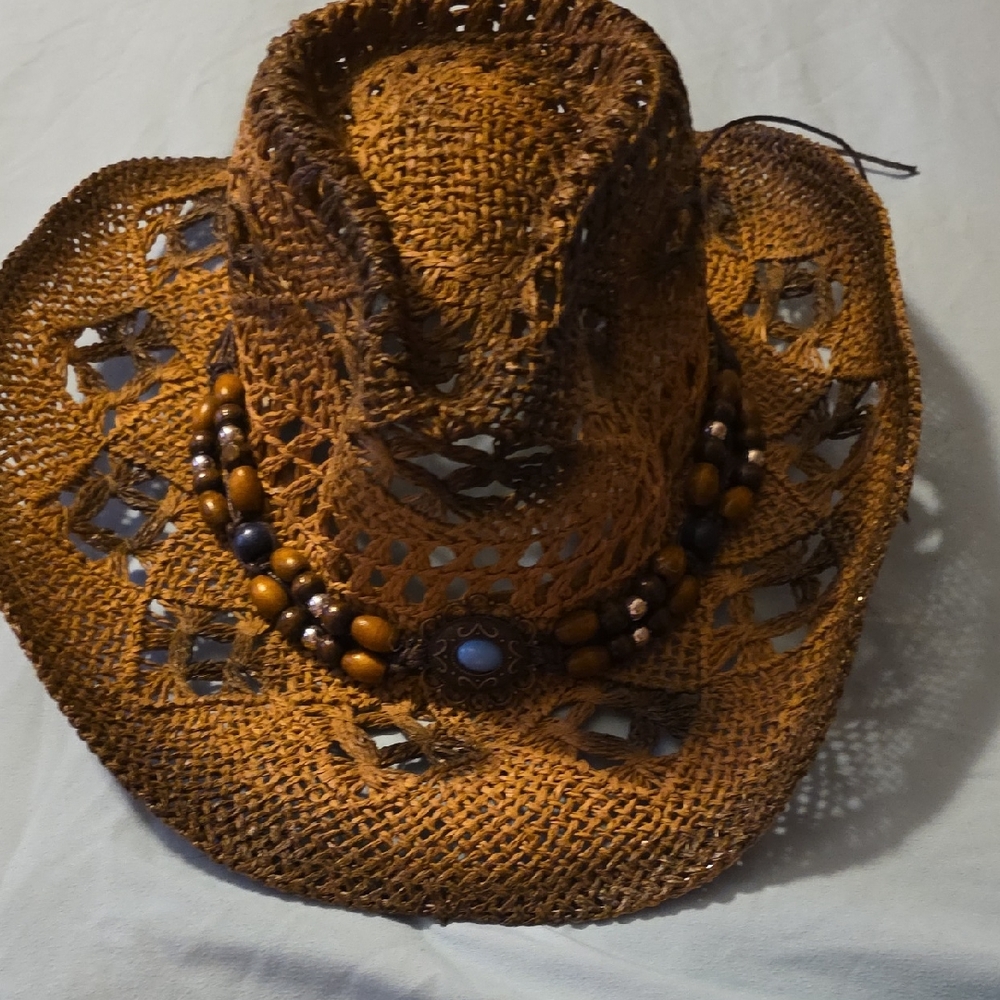 Brown Woven Cowboy Hat with Beaded Accents